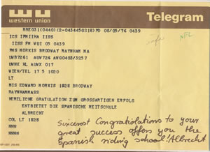 Telegram from the Spanish Riding School congratulating Dotti Morkis for her Olympinc success