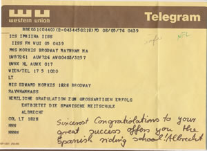 Telegram from the Spanish Riding School congratulating Dotti Morkis for her Olympinc success